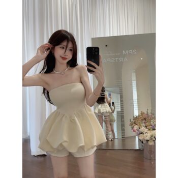 2025 new summer design pure lust high-end temperament gold-style fluffy skirt with tube top for women