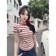 ເສື້ອຍືດແຂນສັ້ນ Embroidered striped slimming ສໍາລັບແມ່ຍິງ