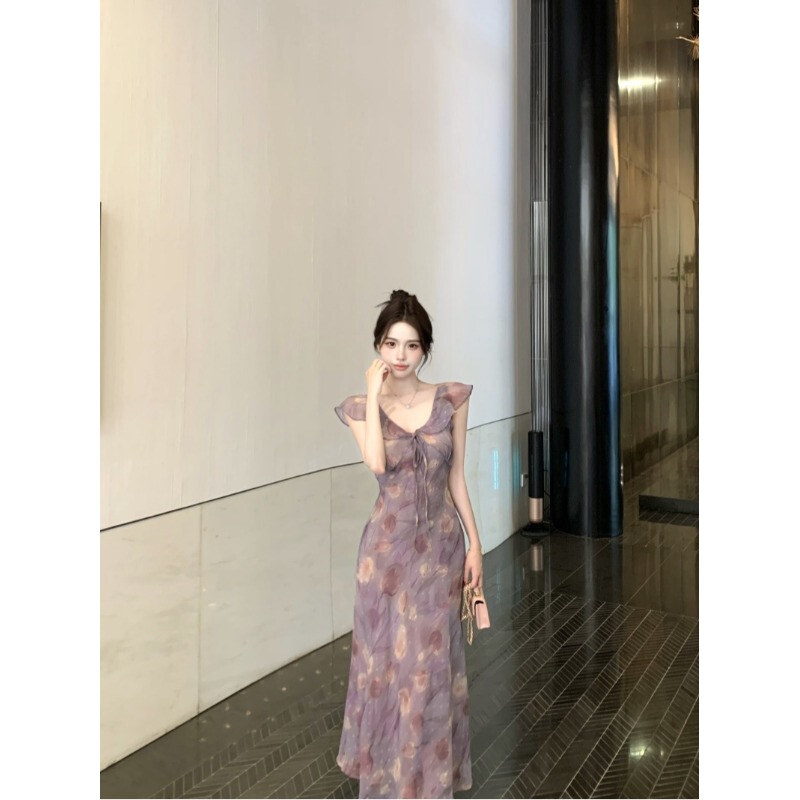 French-Style Tea Break Chiffon Gradient Dress for Women, Summer Light Purple Tie-Up Elegant Long Dress with a Slimming Effect and Atmospheric Feel