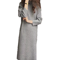 Japanese chic lazy style foreign style mid-length loose high-neck pit strip knitted dress for women in autumn and winter
