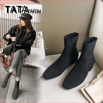 TATA YATOU He her girl shoes Shoes Elastic Boots Subnet Red Flat Bottom Women Coarse heel Martin boots 100 hitch a little short boot