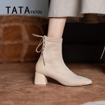 TATA YATOU Hes her girls girl shoes Skinny net red skinny boots 100 hitch heel rear lacing crude heel short boots woman