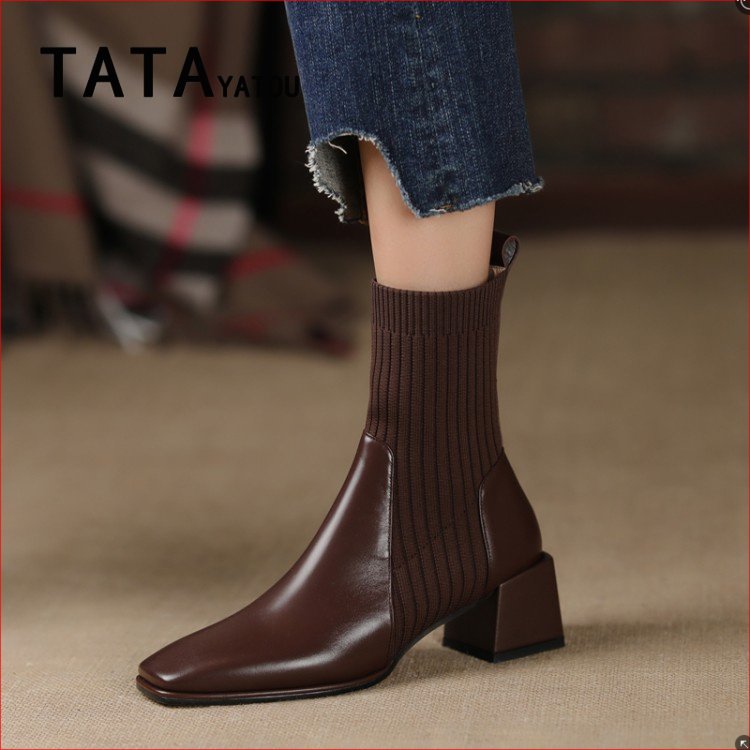 TATA YATOU He her girl shoes Sox boots female short boots Socks Boots Woman Retro Coarse Heel Skinny Boots Martin boots