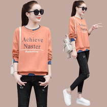Round neck fake two pieces of sweater female spring and autumn models 2021 New Korean version of loose foreign style pure cotton Joker ins tide