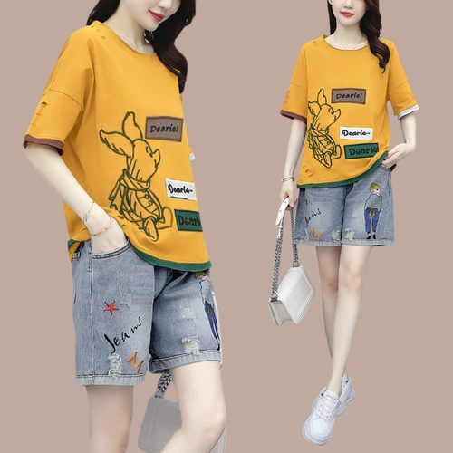 Джинсовая юбка, летний комплект, модные нарукавники для отдыха, коллекция 2023, большой размер, короткий рукав