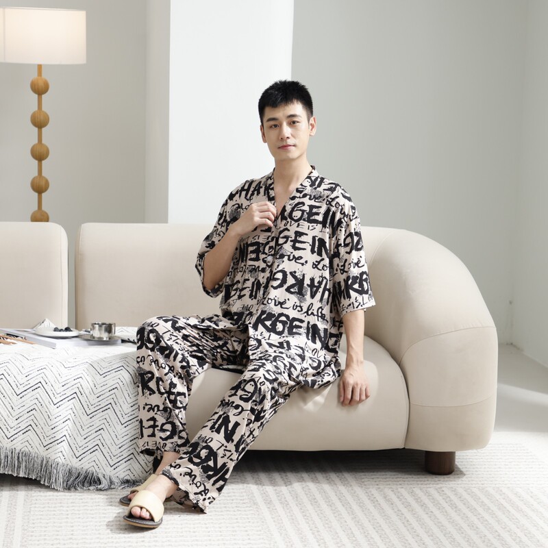 Summer Men's Cotton Silk Short-Sleeved Long Pants V-Neck Cardigan Pajamas Home Wear Simple Style Large Size Casual Suit