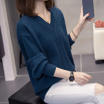 Autumn Winter Clothing V-collar Casual Loose big code Womens dress headsweaters Long sleeves Knitted Sweatshirt Pure Color Inner hitch bottom blouses