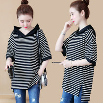 Fatty Plus Size Womens Fat Summer 2021 New Korean Loose Stripe Womens Short Sleeve Slim Top