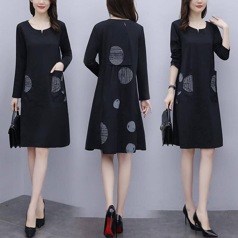 Large size women's dress cover belly dress 2022 Spring autumn season Fat MM medium long version Long sleeves Women Loose Shade A-character dress