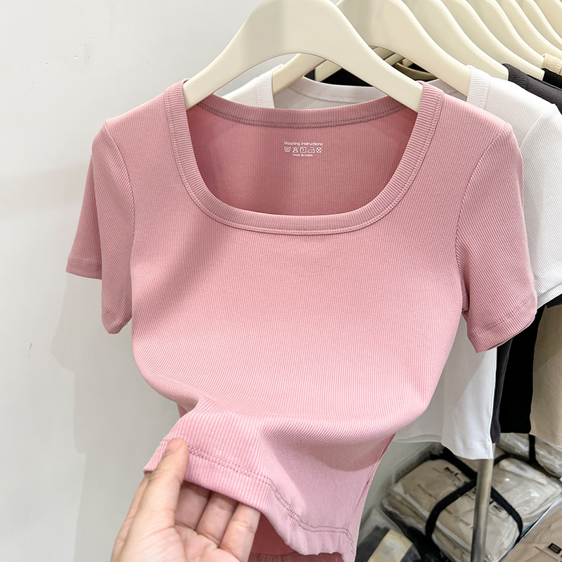 Square Neck Short-Sleeved T-Shirt for Women 2024 New Summer Chic Blouse Clavicle-Length Short Top Dopamine Outfit for Summer