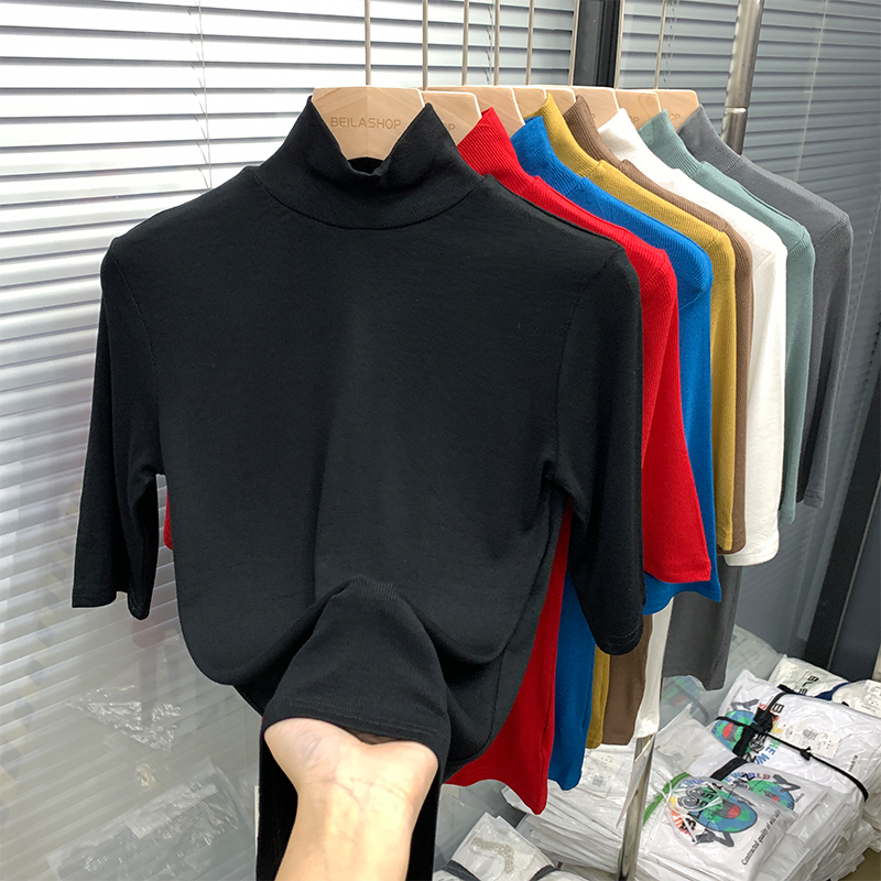 Summer 2024 New Style Three-Quarter Sleeve T-Shirt for Women, Short-Sleeved Solid Color High-Neck Base Shirt, Stylish Half-Sleeve Top, T-Shirt ins