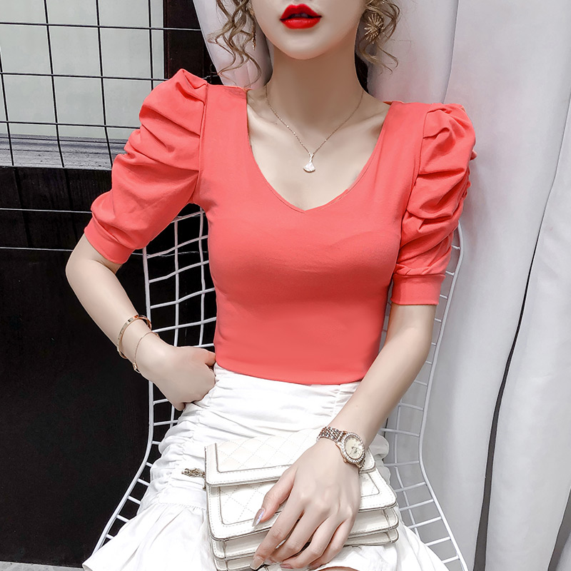 European station thin v-neck puff sleeves sweet windy top 2022 summer new high waist short short-sleeved t-shirt women's fashion