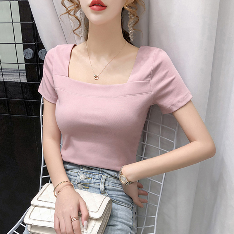 European station pure cotton pink short-sleeved t-shirt women's 2022 summer new slim slim collarbone French square collar top