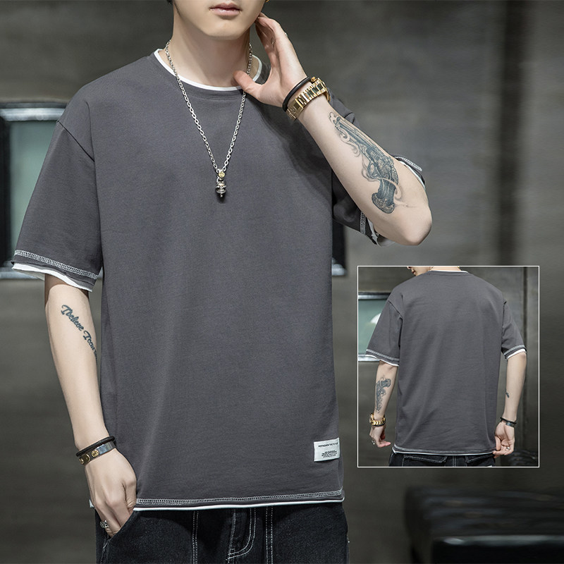 Summer new short sleeves T-shirt male trend pure cotton 100 lap loose with small neckline fake two men's wave clothes