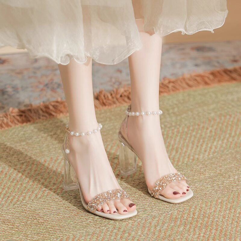 法式绝美水钻凉鞋女2025夏时装仙女风配裙粗跟水晶透明伴娘高跟鞋
