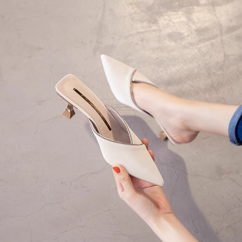 包头半拖鞋女夏季时尚外穿2026年新款网红气质尖头中跟细跟凉拖鞋