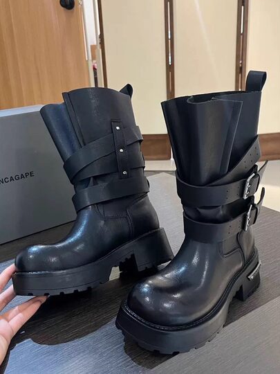 Cowhide version of Paris mid-calf knight boots for women 2025 autumn and winter new style belt buckle thick sole giant good-looking motorcycle boots