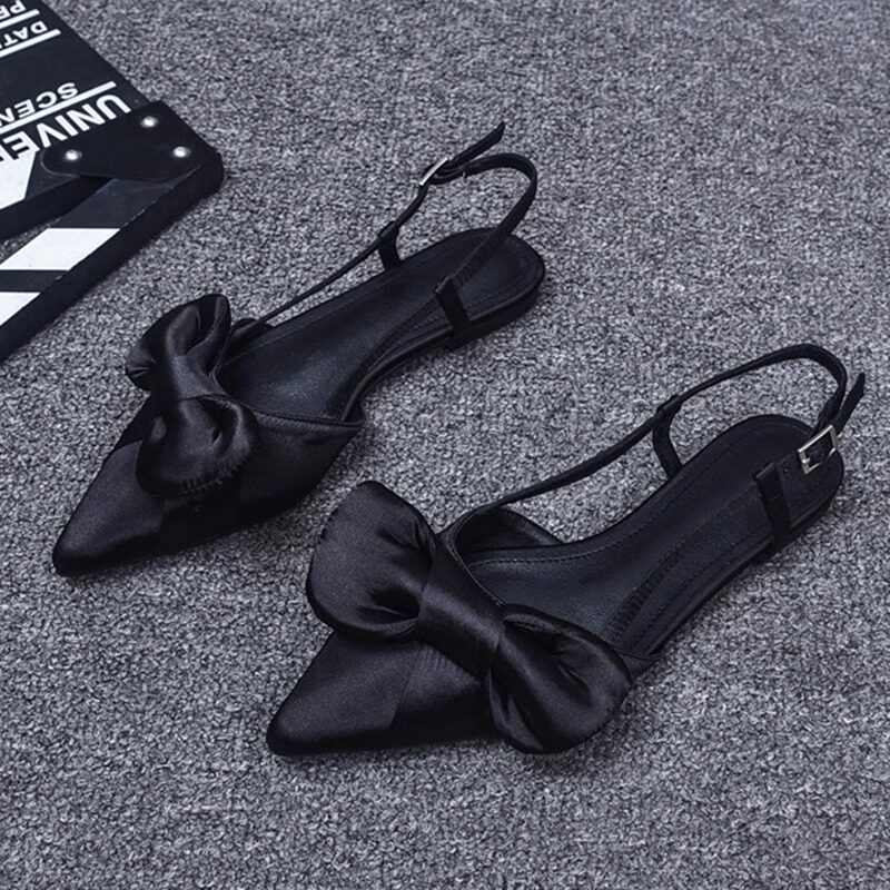 包头凉鞋女2024年夏季新款仙女风真皮缎面蝴蝶结一字扣带平底单鞋