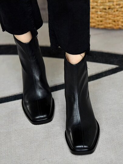 Black square toe thick heel short boots for women autumn and winter velvet 2025 new style French all-match ankle boots genuine leather high heel slim boots