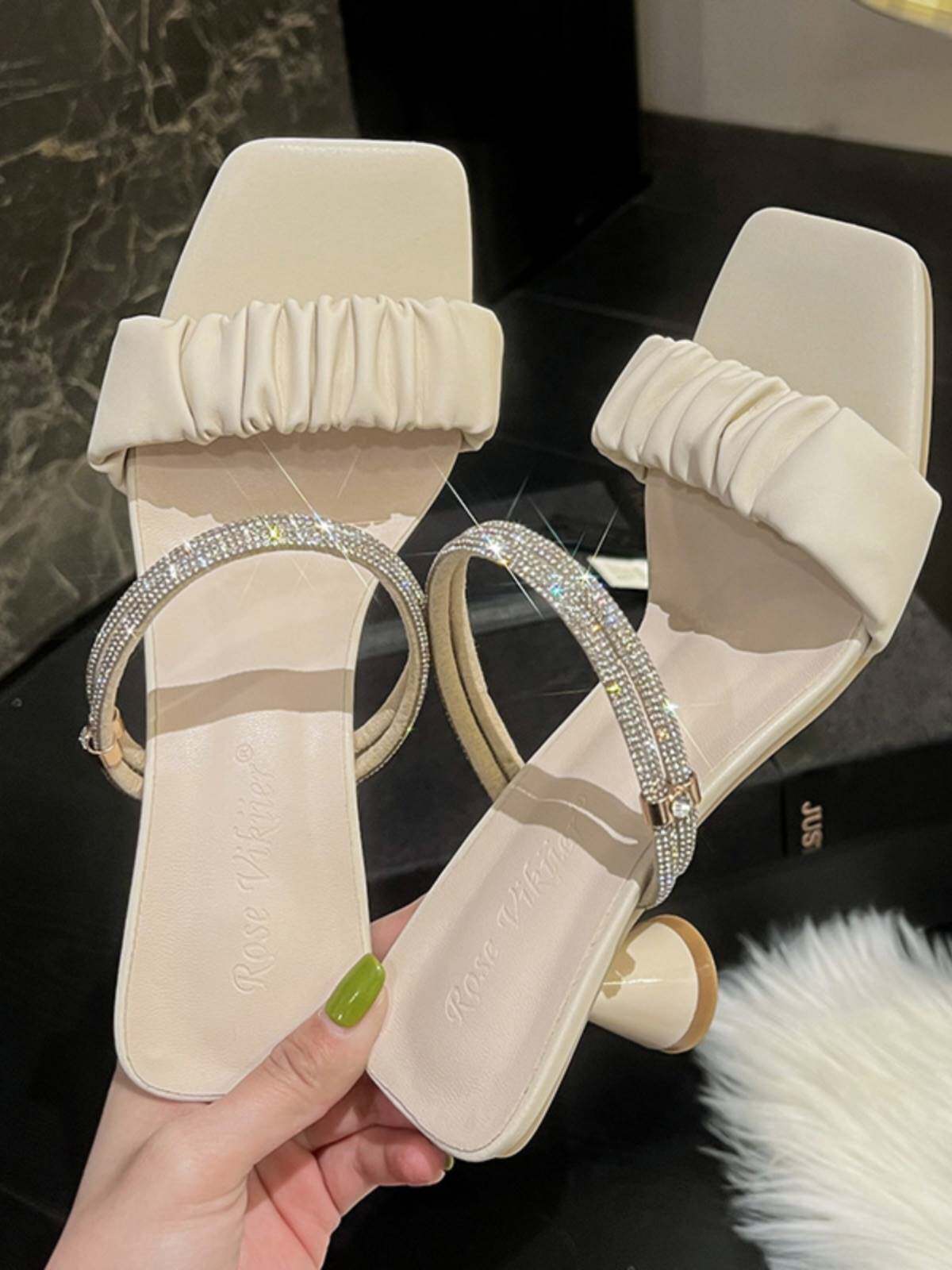 水钻两穿凉鞋女外穿2026夏季新款一字带中跟露趾法式高跟凉拖鞋潮