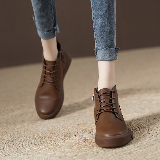 Genuine Leather Martin Boots Women's Soft Sole Soft Surface Retro Autumn and Winter Plus Velvet 2025 New Women's Boots Warm Short Cotton Shoes Short Boots
