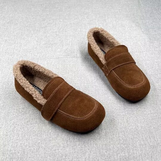 Genuine fur shoes for women, slip-on beanie shoes, autumn and winter 2025 new warm lambswool flat-soled beanie shoes