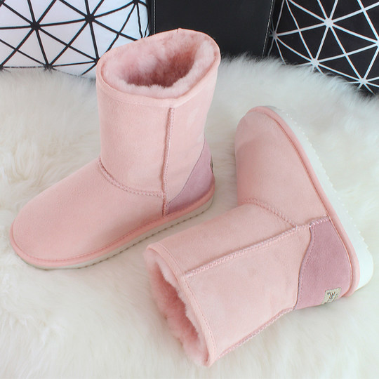 Genuine leather pink snow boots for women 2025 winter new style comfortable fur one-piece mid-calf boots anti-ski cotton shoes
