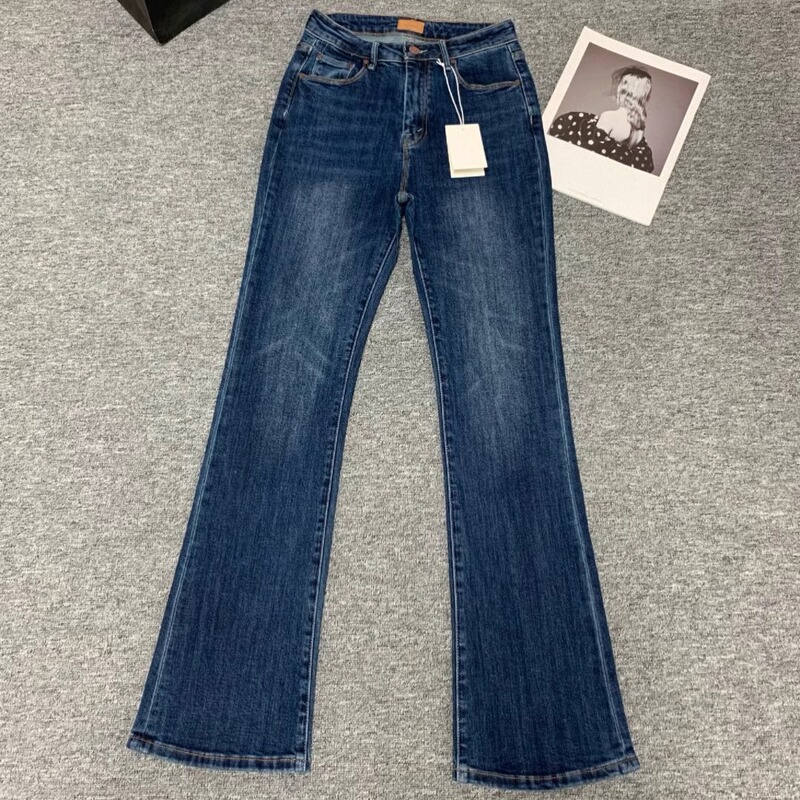 2026 Spring/Summer New Style Mo Flared Denim Stretch Jeans with Elastic Waistband and Button, Slimming High-Waisted Long Pants for Women