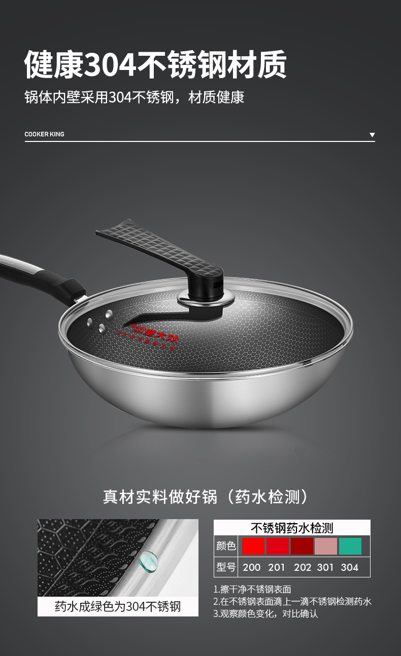 炊大皇 304不锈钢不粘炒锅 32cm 蜂窝网纹工艺 少油烟 图2