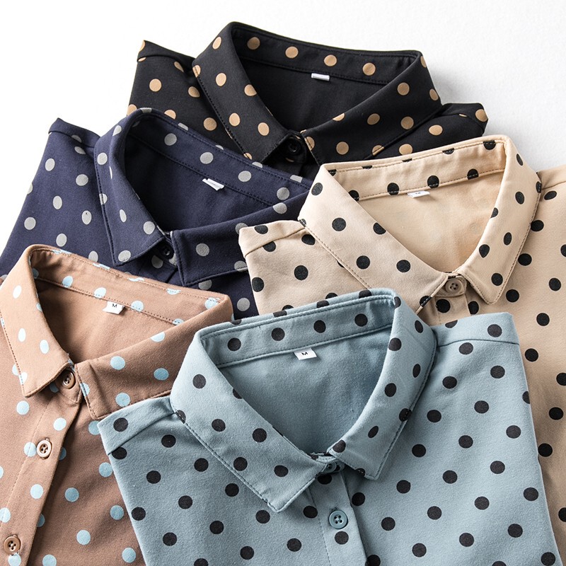 Exported Japanese-Style Original Single-Piece Combed Cotton Slightly Elastic Pointed Collar Small Polka Dot Elegant Long-Sleeve Casual Shirt T-Shirt Top for Women