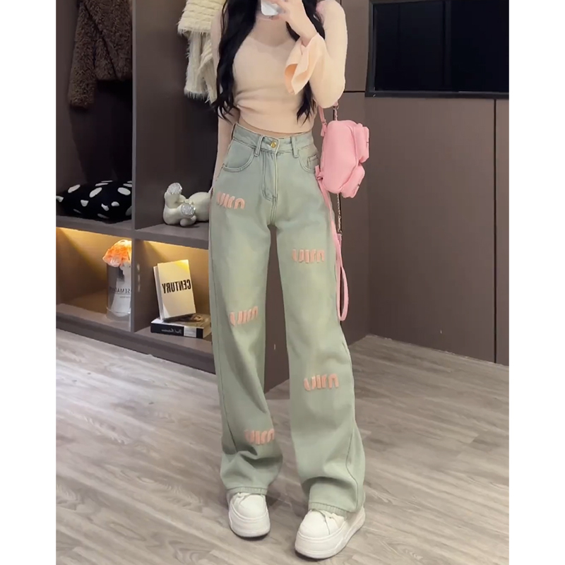 ins Trendy Wide-Leg Jeans for Women, Autumn and Winter 2025 New Style, Niche Design with Pink Letter Embroidery, Straight-Leg Pants