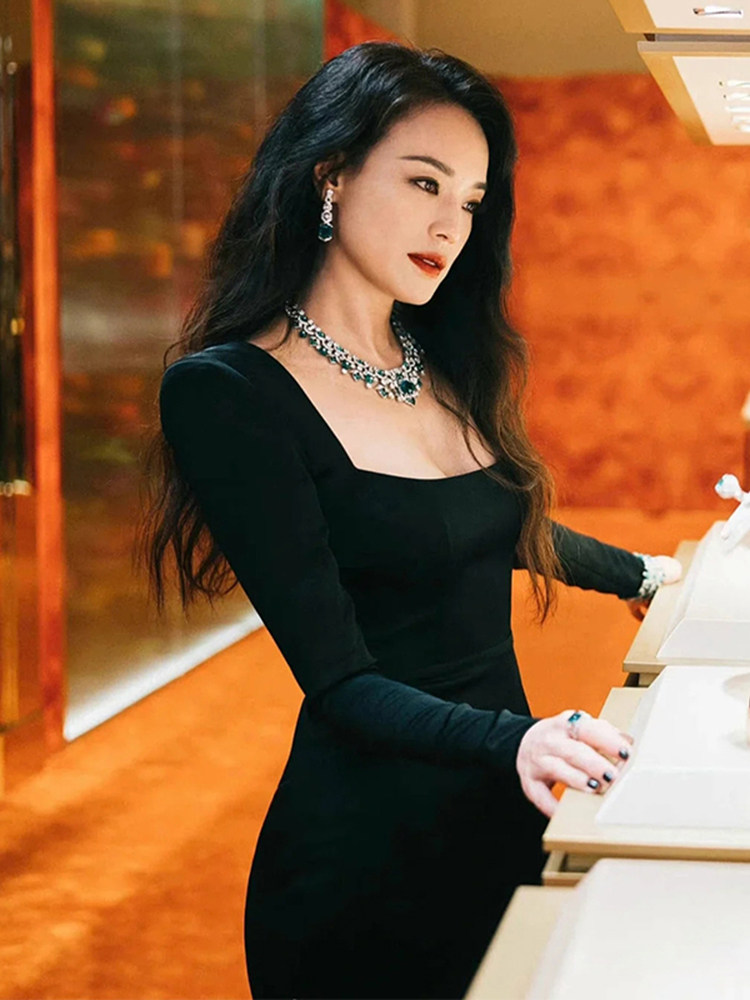 舒淇同款黑色晚礼服 法式赫本风小黑裙 女神风格连衣长裙 轻奢名媛风连身裙