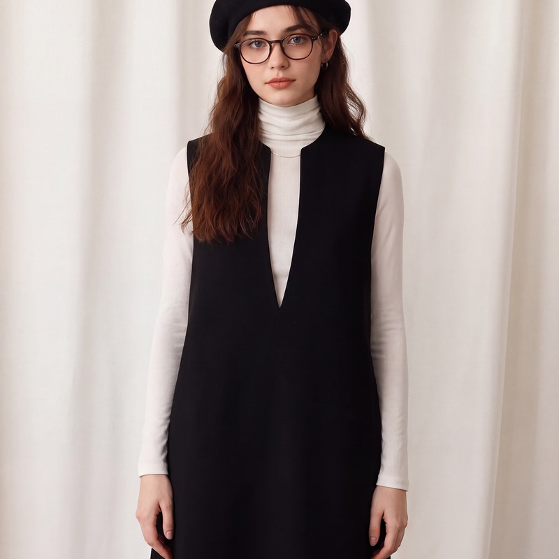 Huaappuw Black V Neck Layered Woolen French Sleeveless Dress 2026 Autum Versatile Work Clothing Vest Dress