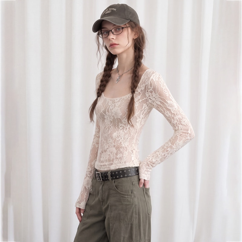 Huaappuw French-Style Square-Neck Long-Sleeve Lace Slim-Fit T-Shirt 2026 Autumn Layering Base Shirt Huaappuw French-Style Square-Neck Long-Sleeve Lace Slim-Fit T-Shirt 2026 Autumn Layering Base Shirt
