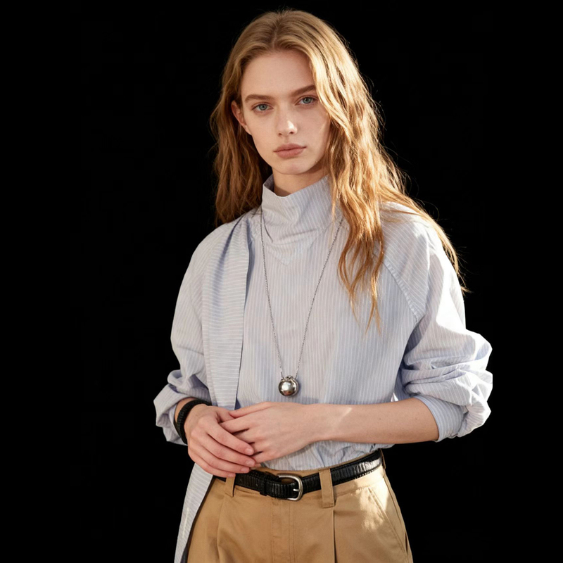 Huaappuw Blue and White Striped Ribbon Stand-Up Collar Shirt 2025 Autumn New Nautical Style Loose Commuter Top for Women