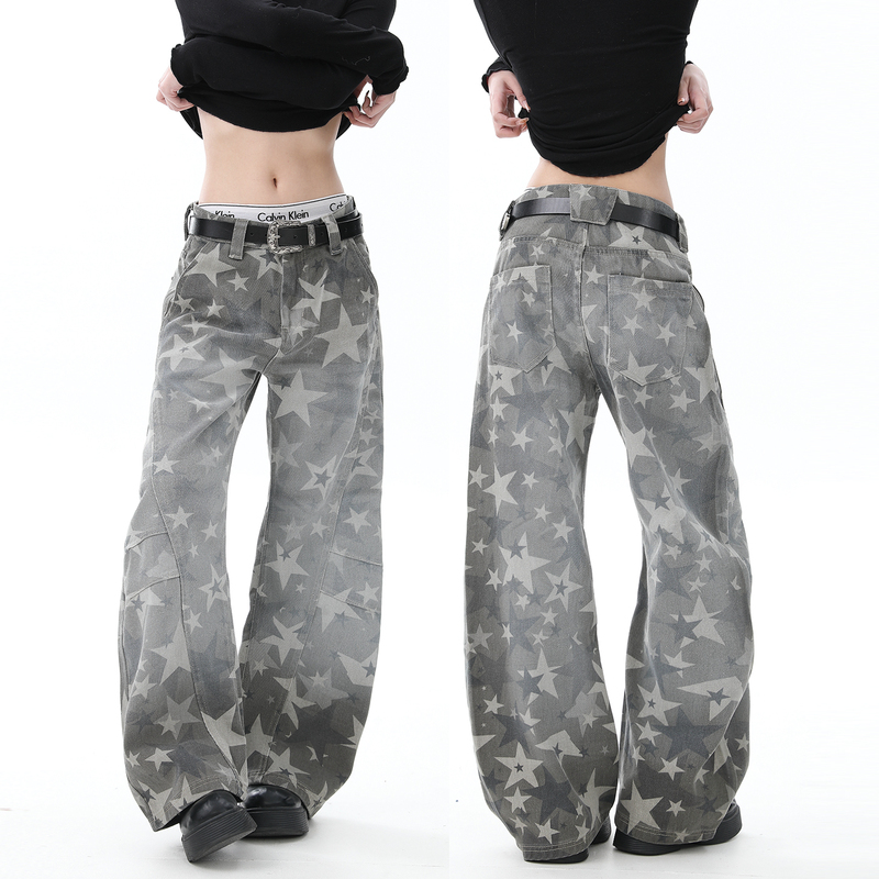 Freemary American-Style Star Camouflage Cargo Pants, Jeans with a Slimming Design, Scimitar Pants, Vintage Loose-Fitting Long Pants