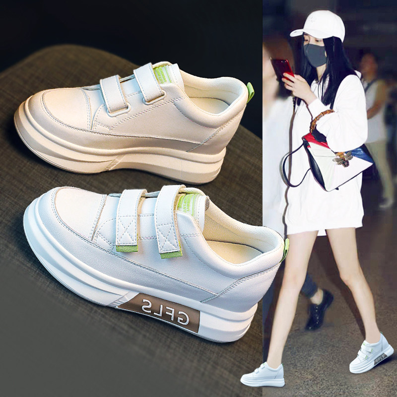 Inside heightening small white shoes woman 2022 spring new genuine leather 100 lap net red bursting with magic stick with thick underbag shoes