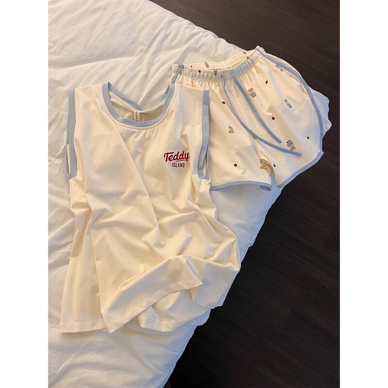 Cute Teddy Bear Pure Cotton Pajamas for Women 2025 New Summer Style with Chest Pad Sleeveless Vest Shorts Homewear Set