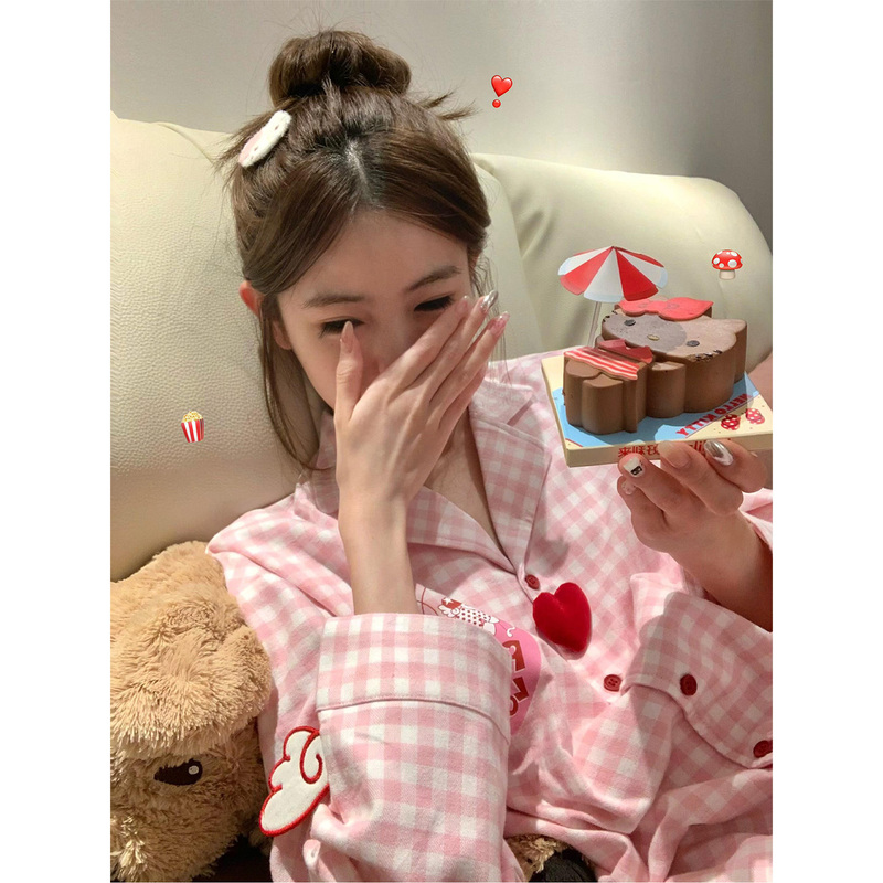 Pink Plaid Pajamas for Women 2026 Spring and Autum New Style Cute Puppy Long-Sleeved Pants Home Wear Suit Large Size Pink Plaid Pajamas for Women 2026 Spring and Autum New Style Cute Puppy Long-Sleeved Pants Home Wear Suit Large Size