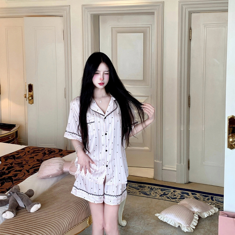 Pink Striped Polka Dot Ice Silk Pajamas for Women, Summer 2026 New Short-Sleeved Sweet and High-End Three-Piece Home Wear Set