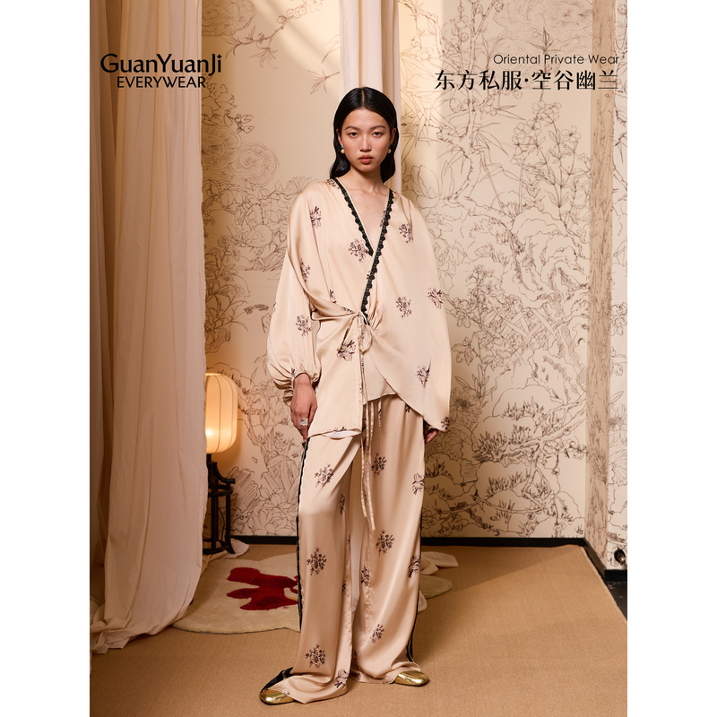 Guanyuanji【Empty Valley Orchid】Home Wear Set Suitable for All Seasons, Can Be Worn Outside, Old Money Style, Loose, Skin-Friendly, Long-Sleeved Pajamas