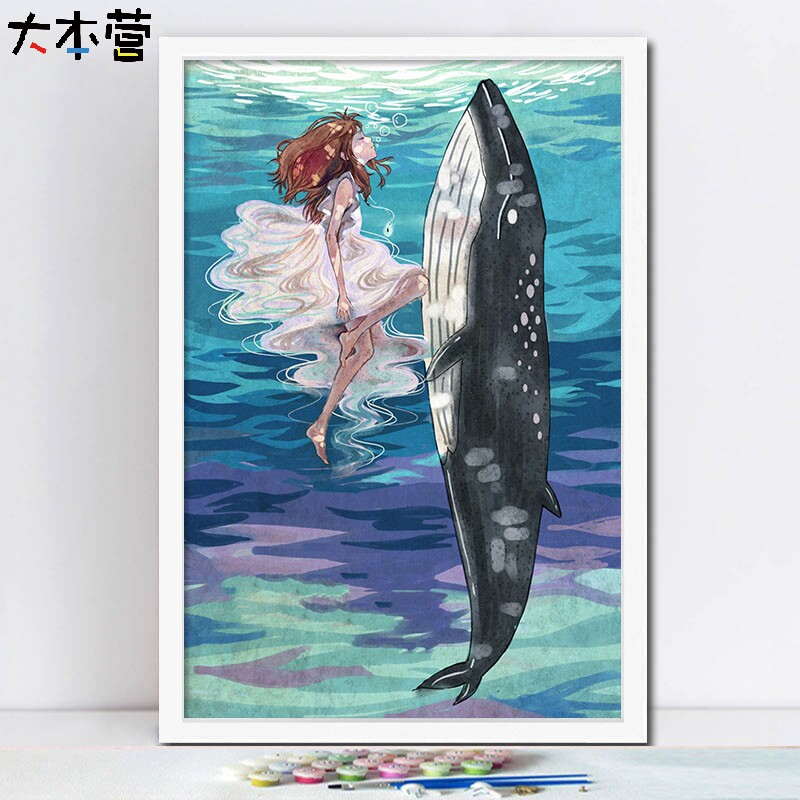 Base camp beautiful little girl whale dolphin diy digital oil painting marine world decorative painting digital oil painting