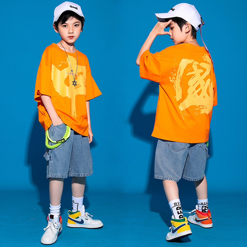 Hip-hop children's trendy clothes boys loose summer dress class clothes girls hip-hop short-sleeved suits children's hiphop costumes