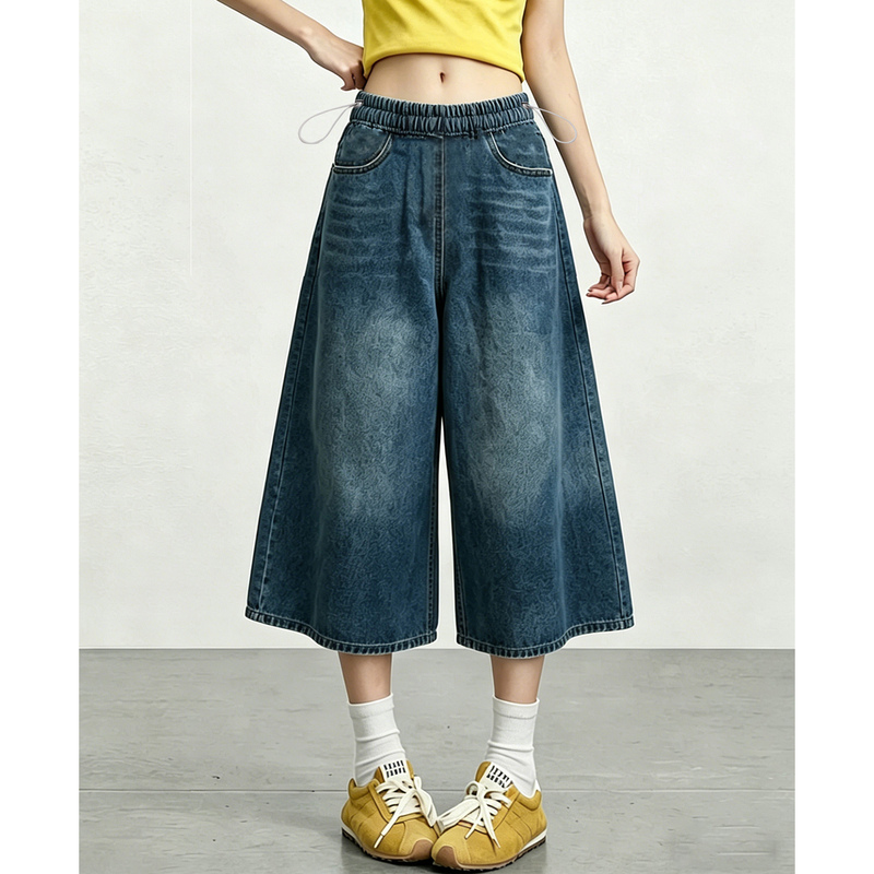 Deep Blue Maternity Wide-Leg Jeans That Don'T Squeeze the Belly during Pregnancy, Loose and Comfortable High-Street Style Cropped Pants for Summer