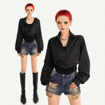 Milk cool moli high street girl hot girl black fake two-piece sunscreen shirt women's waist design loose long-sleeves top