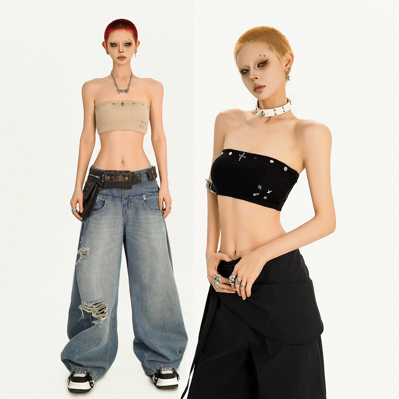 Milky Cool Molly Punk Hot Girl Outfit Modified Rivet Elastic Tube Top Women's One-Piece Anti-Slip Anti-Exposure Vest