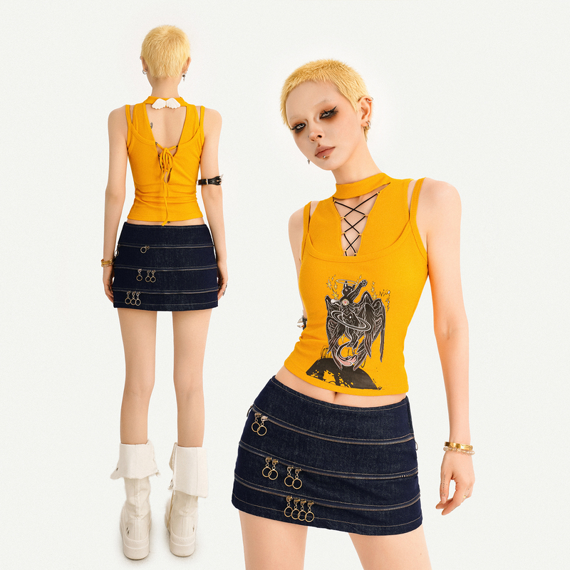 Milk Cool Molly Original Hot Girl Style Yellow Printed Halter Top Women's Lace-Up Design Sleeveless Slim Fit Fashionable Top Milk Cool Molly Original Hot Girl Style Yellow Printed Halter Top Women's Lace-Up Design Sleeveless Slim Fit Fashionable Top