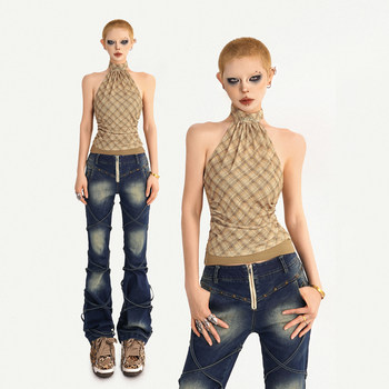 Cool moli 2026 summer new hot girl halter vest women's sleeveless plaid slim fit versatile sexy top