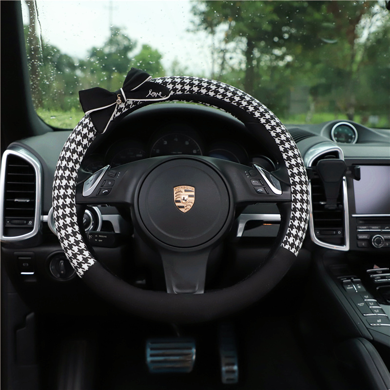 Car steering wheel cover four seasons universal cute bow houndstooth BMW Mercedes car handle women's winter