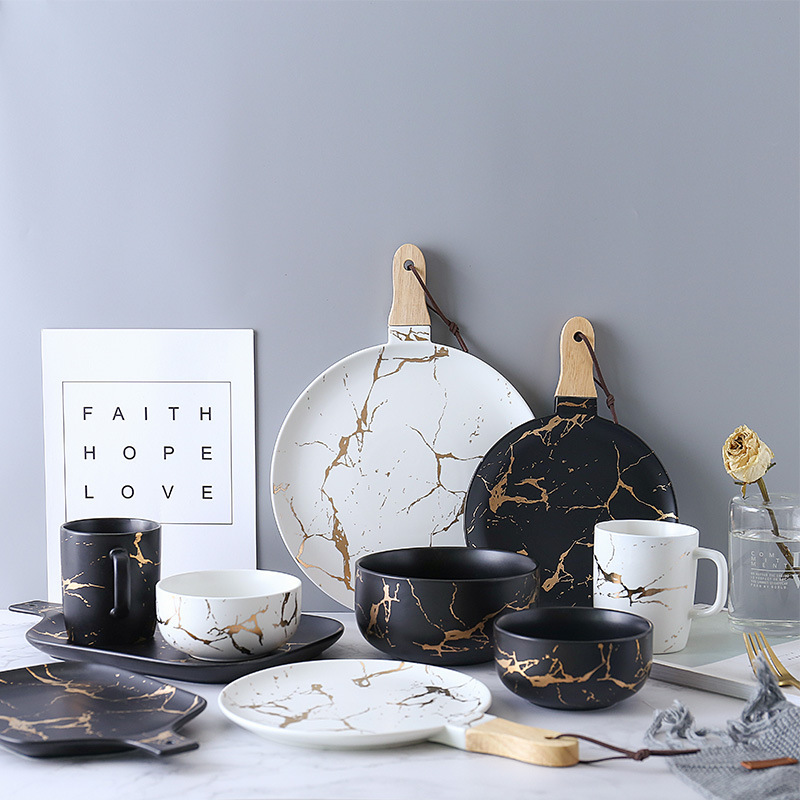 Meichen Da Marble Pattern Matte Gold Ceramic Tableware Set - Rice Bowl, Dish Plate, Noodle Bowl, Simple Plate and Bowl Set Meichen Da Marble Pattern Matte Gold Ceramic Tableware Set - Rice Bowl, Dish Plate, Noodle Bowl, Simple Plate and Bowl Set